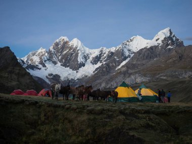 Çadır kampı Janca Mitucocha Mitococha Gölü Ancash Peru 'dan Cordillera Huayhuash Pisti ve dağ manzarası