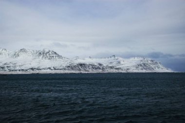 Karla kaplı panoramik dağ silsilesi Avrupa 'daki İzlanda gölündeki okyanus suyunun kış manzarası.