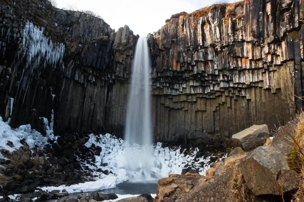 Svartifoss svart vattenfall vinter snö is lava basalt kolumner i Skaftafell Vatnajokull National Park South Island — Stockfoto