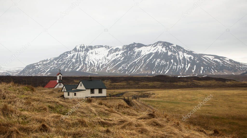 Panorama view of historical traditional green grass Keldur Turf House sod nature farm museum Hella South Iceland