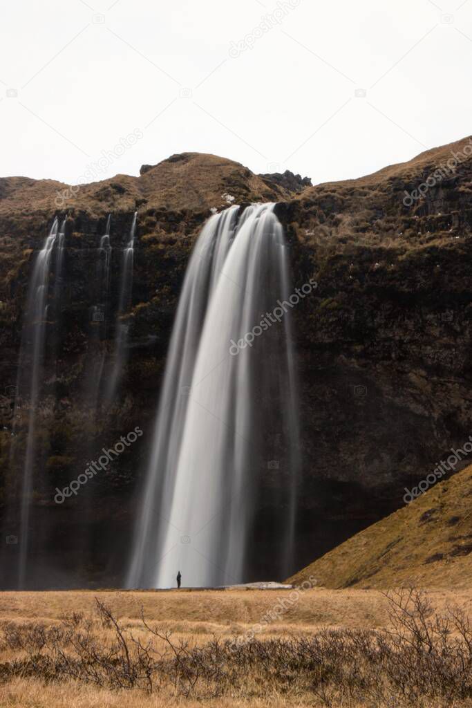 Panorama long exposure of famous Seljalandsfoss waterfall Seljalands river near Ring Road 1 on South Region of Iceland