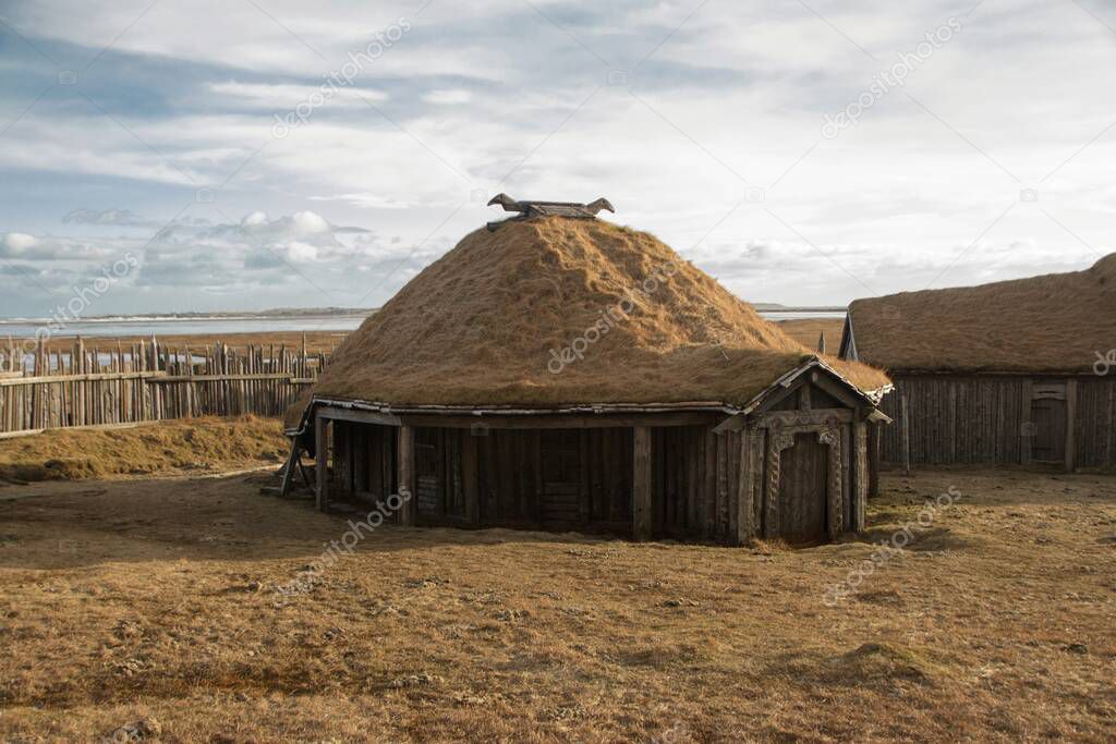 Traditional authenic Viking village replica movie set film location in Hofn Stokksnes Vestrahorn South Iceland Europe
