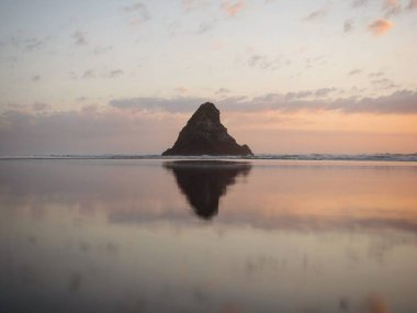 Paratahi Adası 'nın kara kumdaki kayasının günbatımı yansıması. Karekare Sahili Batı Auckland Yeni Zelanda Adası.