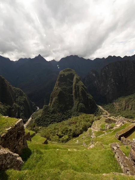 Panorama landscape of Putucusi Phutuq Kusi mountain at Machu Picchu Aguas Calientes Urubamba river valley Cuzco Peru — Stock Photo, Image
