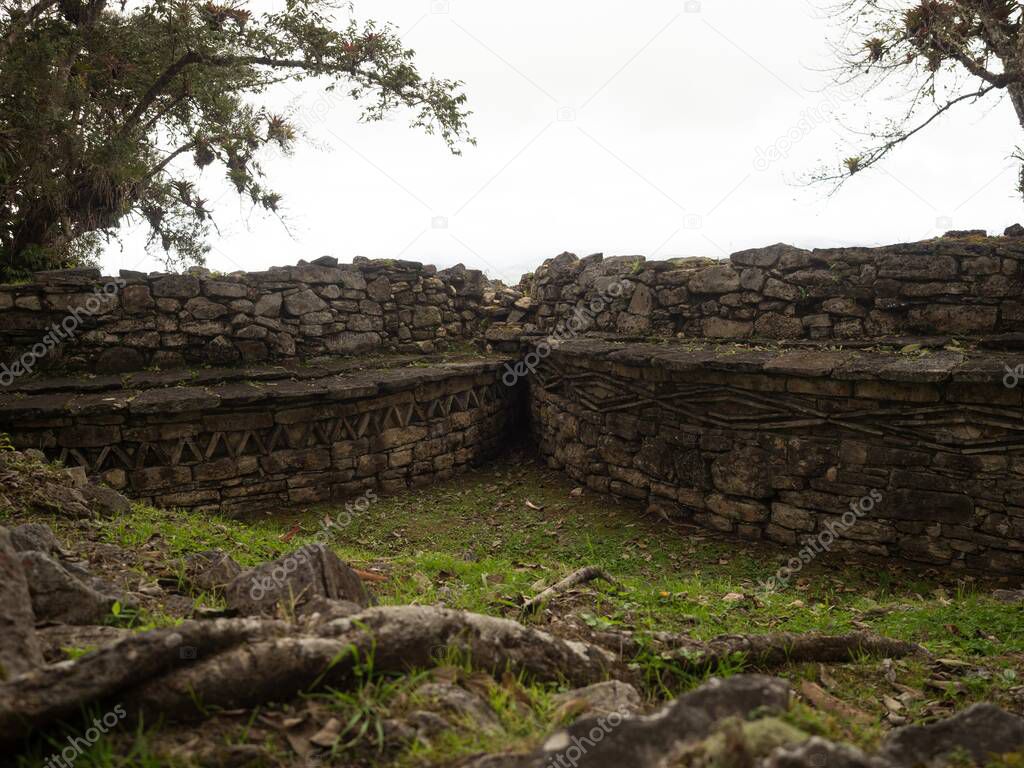 Panorama of ancient citadel city walls ruins Kuelap andes cloud archaeology pre-inca fortification Amazonas Peru