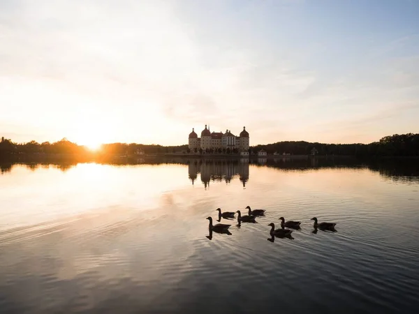 Panorama sunset reflection of Schloss Moritzburg baroque castle on Schlossteich lake island in Saxony Germany Europe — Stock Photo, Image