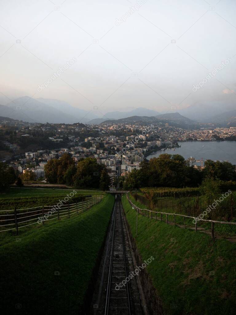 Panorama view of funicular railway at Monte San Salvatore mountain hill Lago di Lugano lake Ticino Switzerland Europe