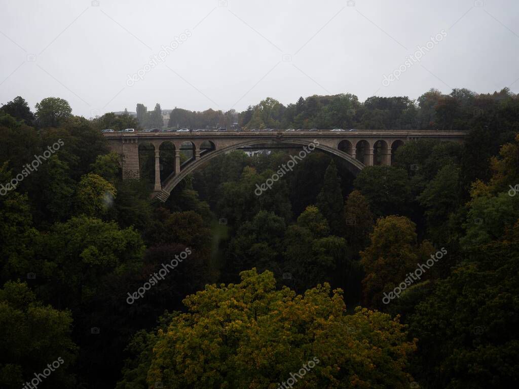 Panorama nature landscape view of historic old double-decked arch bridge Pont Adolphe in Luxembourg Europe