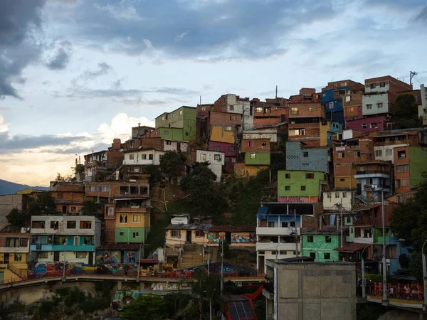 Panorama cityscape of colorful brick houses in Comuna 13 San Javier neighborhood poverty slum in Medellin Colombia