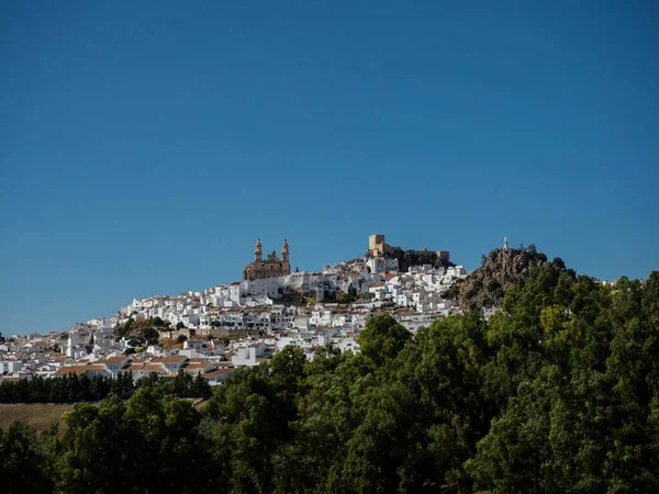 Blick auf weiße Wände Häuser Gebäude Stadt Dorf Stadt Olvera in Sierra de Cadiz Andalusien (automatische Übersetzung) — Stockfoto