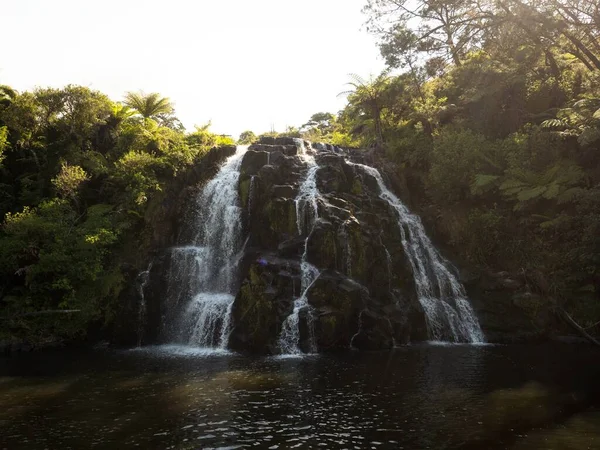 Panorama utsikt över tropiska vattenfall kaskad Owharoa faller Karangahake Gorge Waikino Waikato Nordön Nya Zeeland — Stockfoto