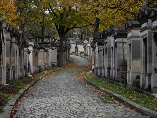 Panorama view of ancient historic old tombstone alley graveyard Pere Lachaise garden cemetery necropolis in Paris France — Stock Photo, Image