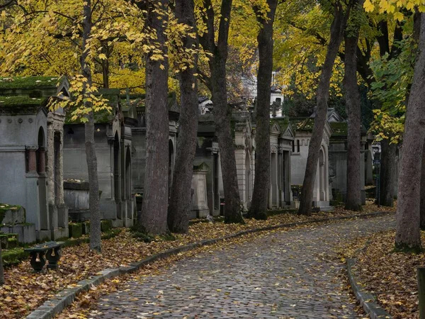 Panorama view of ancient historic old tombstone alley graveyard Pere Lachaise garden cemetery necropolis in Paris France — Stock Photo, Image