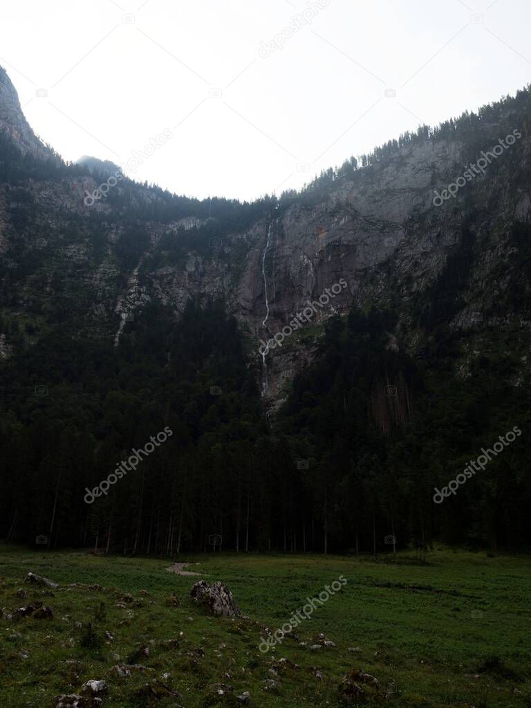 Panorama view of Roethbachfall Rothbach waterfall cliff cataract cascade in Berchtesgaden National Park Koenigssee Obersee Bavaria Germany alps Europe