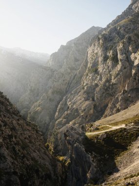 Panorama view of gorge valley canyon hiking trail path route Senda del Cares in Picos de Europa mountain range Poncebos to Cain in Leon Asturias, Spain Europe
