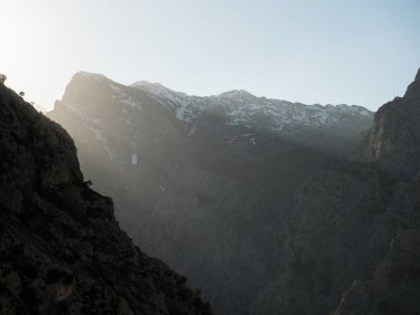 Summit panorama view of Picos de Europa mountain range in gorge valley canyon hiking trail path route Senda del Cares Poncebos to Cain in Leon Asturias, Spain Europe