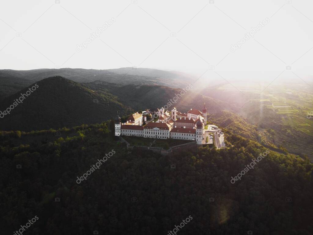 Aerial panorama view of idyllic remote rural hilltop benedictine abbey cloister monastery Stift Gottweig Goettweig in Krems Wachau Lower Austria Europe