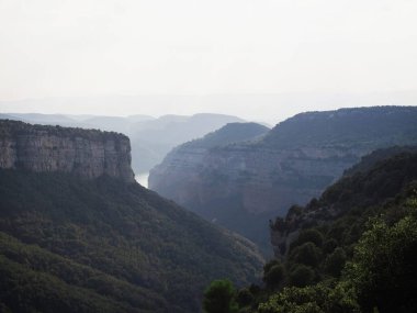 Kayalık uçurum kanyonu manzarası Tavertet Osona Barselona Katalonya İspanya Pirenesi Dağları Avrupa yakınlarındaki yeşil çayır tarlaları ile