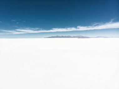 İzole edilmiş kaktüs adası Incahuasi Inkawasi 'nin Potosi Bolivya' daki beyaz tuz gölü Salar de Uyuni üzerindeki hava manzarası Güney Amerika
