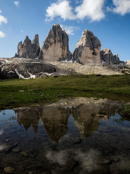 Mirror Pond Reflection Tre Cime Lavaredo Alpine Mountain Panorama Sexten — Stock Photo, Image