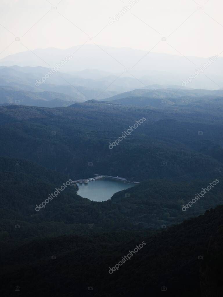 Panorama view of water reservoir lake near Tavertet Osona Barcelona Catalonia Spain Pyrenees mountains Europe