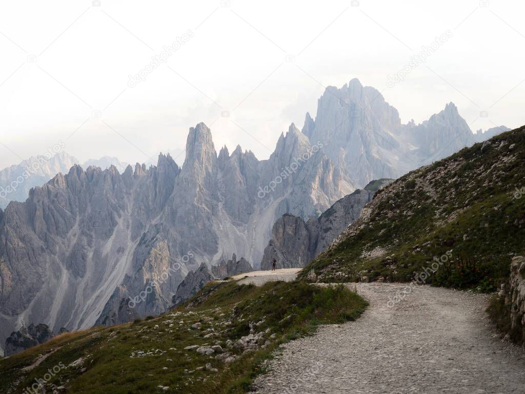 Alpine panorama of Cadini di Misurina mountain range group from Tre Cime di Lavaredo peak summit in Sexten Dolomites Belluno South Tyrol Italy alps Europe