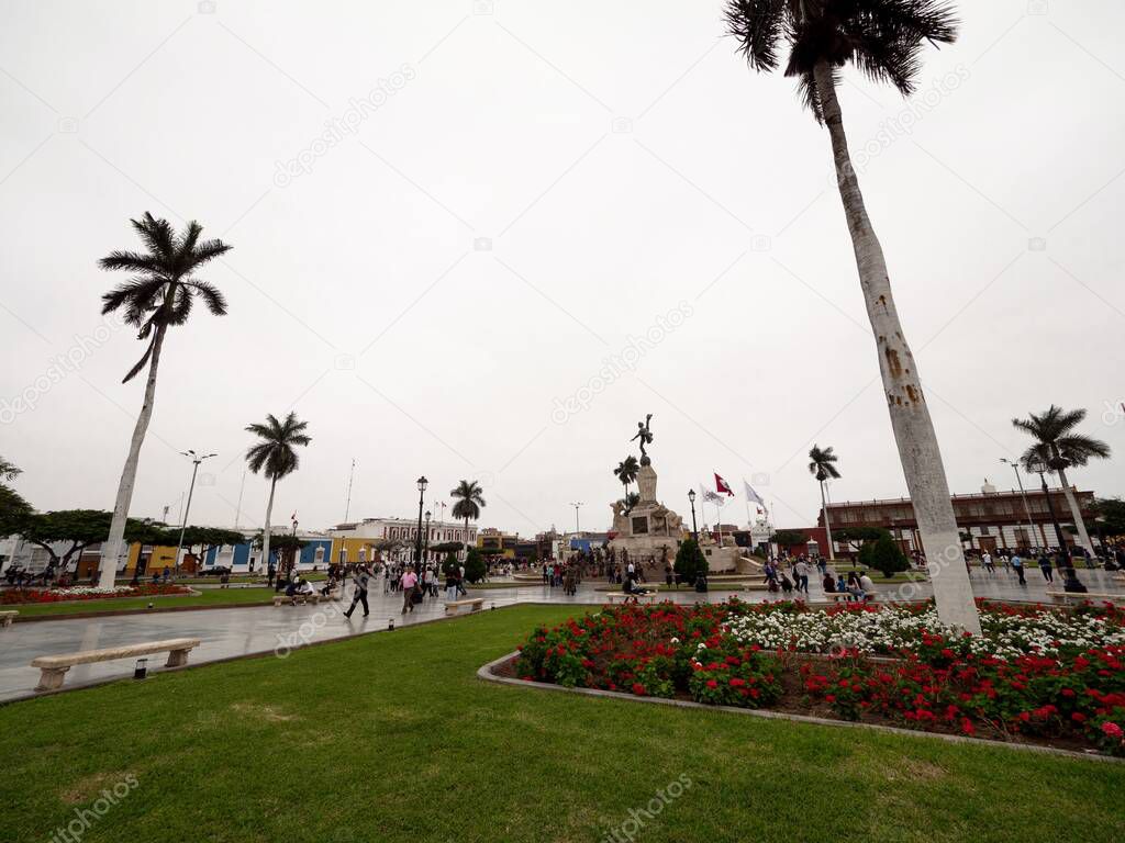 Panorama view of green central city park main square Plaza de Armas in Trujillo La Libertad, Peru South America