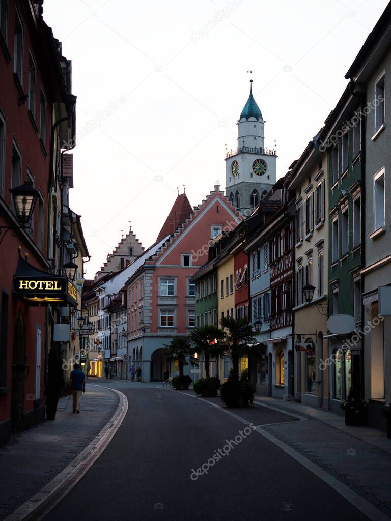 Cityscape street scene panorama in colorful charming historic old town of Uberlingen at Lake Constance Baden-Wurttemberg Germany Europe