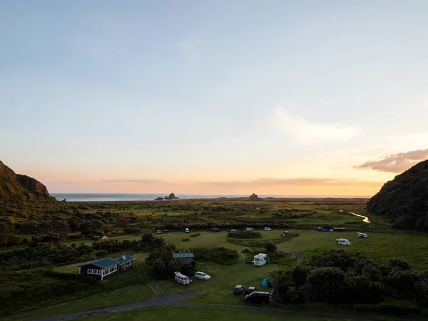 Paisagem Natureza Pôr Sol Panorama Remoto Idílico Whatipu Praia Waitakere — Fotografia de Stock