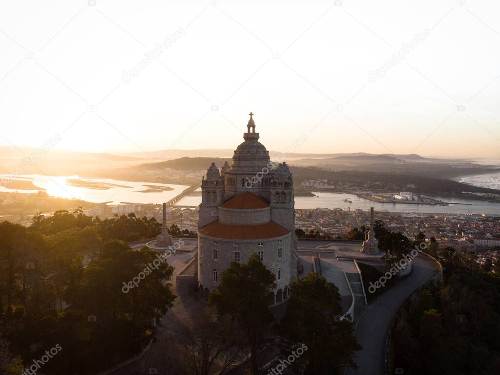 Aerial sunrise panorama of Santuario de Santa Luzia monastery sanctuary hilltop church in Viana do Castelo Portugal Europe