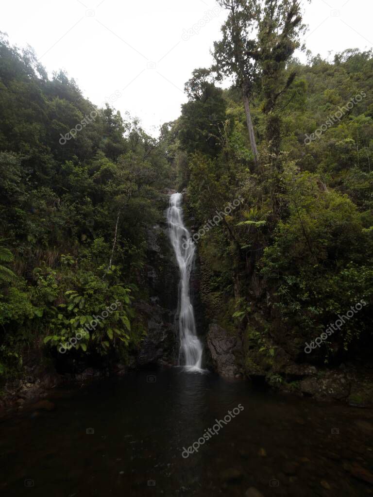 Panorama view of hidden secret lush green tropical forest waterfall Wentworth Falls in Whangamata Coromandel Peninsula Waikato North Island New Zealand