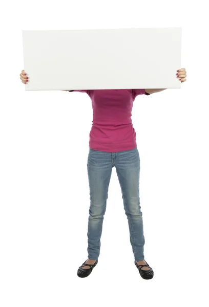 Mulher segurando uma placa de publicidade — Fotografia de Stock