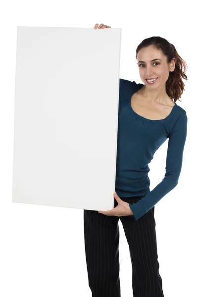 Attractive young caucasian woman presenting a marketing placard — Stock Photo, Image