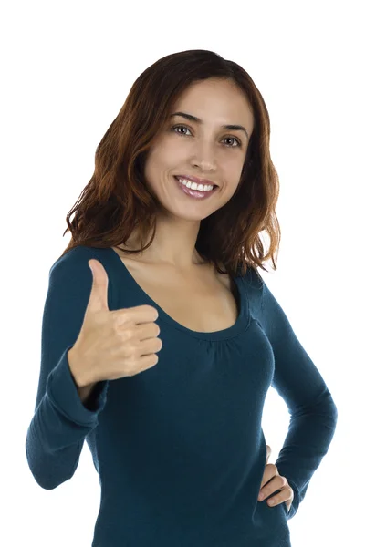 Sorrindo atraente mulher polegar para cima — Fotografia de Stock