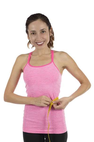 Fitness kilo kaybı konsepti için bir ölçüm bandı ile kız — Stok fotoğraf