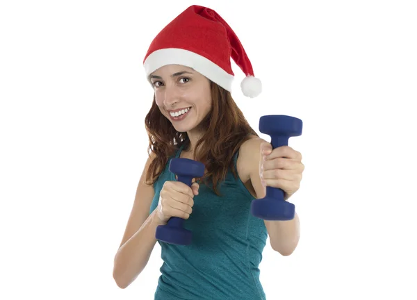 Happy christmas woman working out with dumbbells — Stock Photo, Image