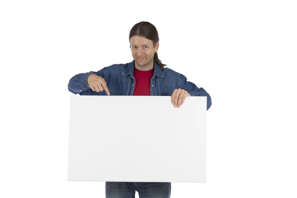Man pointing a blank marketing poster — Stock Photo, Image
