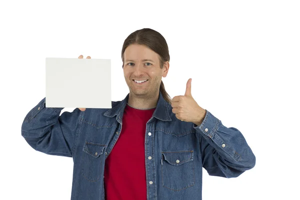 Homem segurando um cartaz em branco dando polegar para cima — Fotografia de Stock