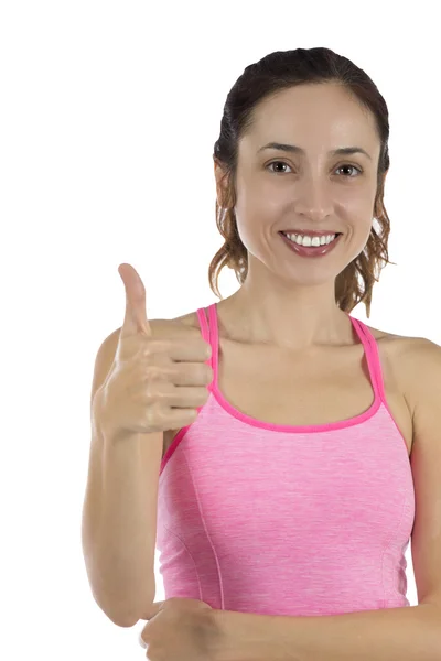 Smiling young adult woman thumb up — Stock Photo, Image