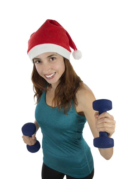 Christmas fitness woman with dumbbells — Stock Photo, Image