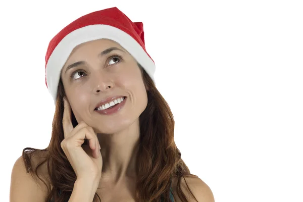 Mujer de Navidad de aspecto feliz pensando y soñando —  Fotos de Stock