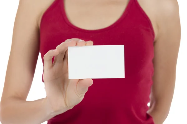 Vrouw hand tonen van een blanco visitekaartje met de focus op kaart — Stockfoto