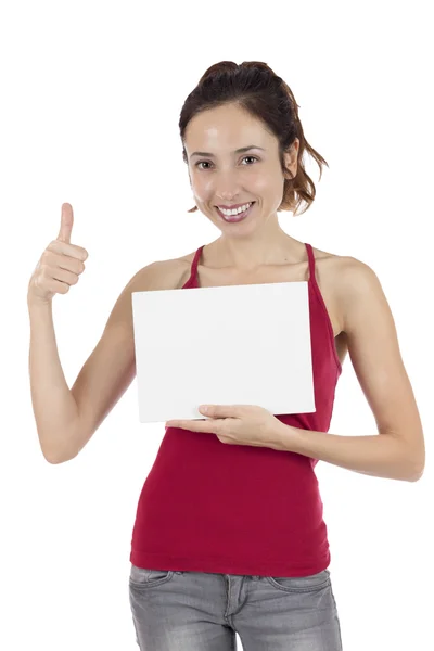 Woman thumbs up with a marketing placard — Stock Photo, Image