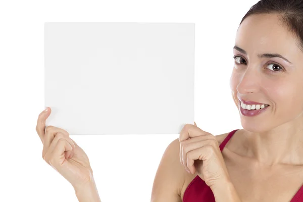 Smiling young woman holding a marketing poster — Stock Photo, Image