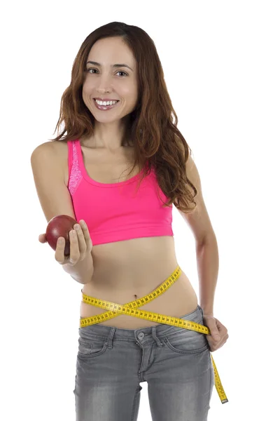 Healthy life woman with an apple and a measurement tape — Stock Photo, Image