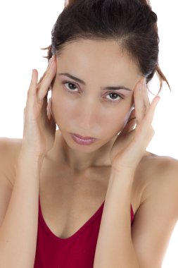 Bir baş ağrısı olan stresli kadın