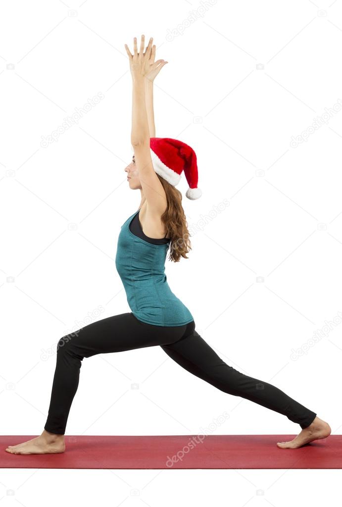 Santa yoga woman doing crescent pose