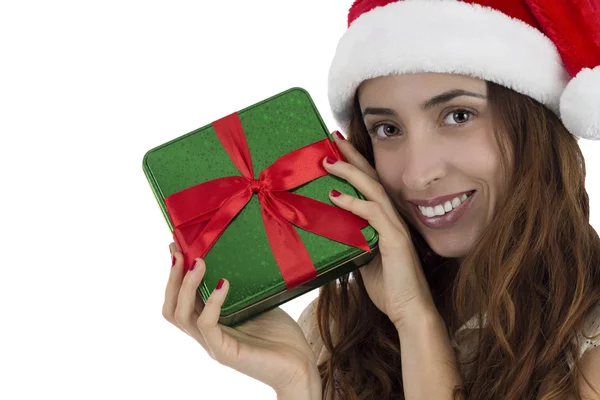 Close up of Christmas woman showing a gift box — Stock Photo, Image