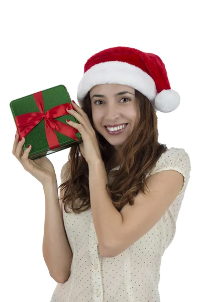 Attractive christmas woman with a gift box — Stock Photo, Image