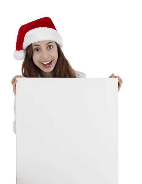 Natale donna d'affari che mostra un manifesto in bianco con una e scioccato — Foto Stock